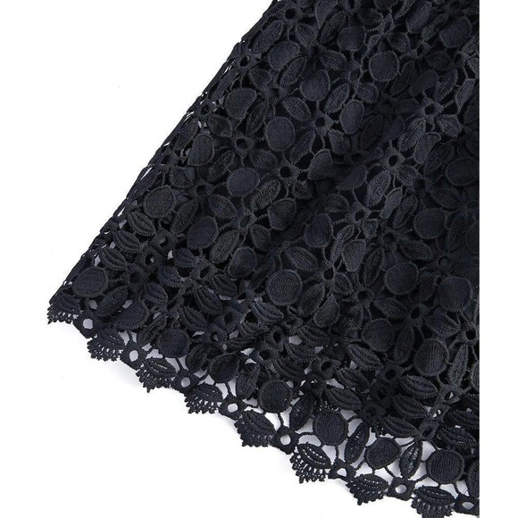 Elegant French Fit-n-Flare Cut Romantic Gupuire Lace Paneled Dress All Black - Picture 9 of 10